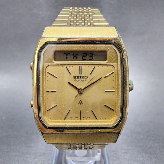 Seiko Analog Digital Watch Men 31mm Gold Dial Gold Tone Rectangle New battery