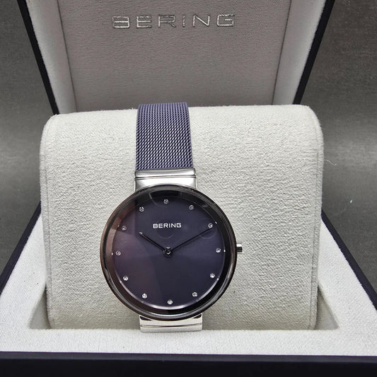 Bering Classic Watch Women 31mm Purple Dial Silver Purple Mesh Band Round Works10