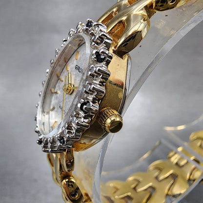 Gruen Watch Women 17mm White Dial Gold Oval Diamond & Gem Bezel New Battery2