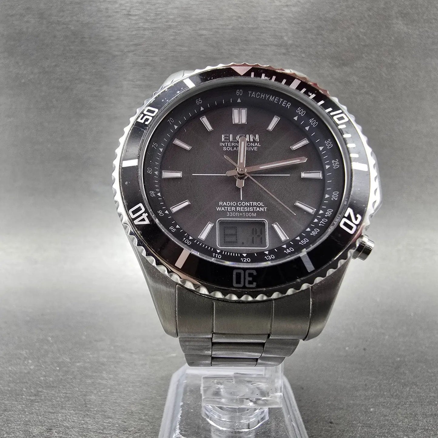 Elgin Dive Watch Men 44mm Black Dial Steel Atomic Solar Analog Digital Runs READ6