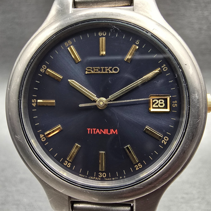 Seiko Titanium Watch Men 37mm Blue Dial Gray Date Round 7N42-8109 New Batt1
