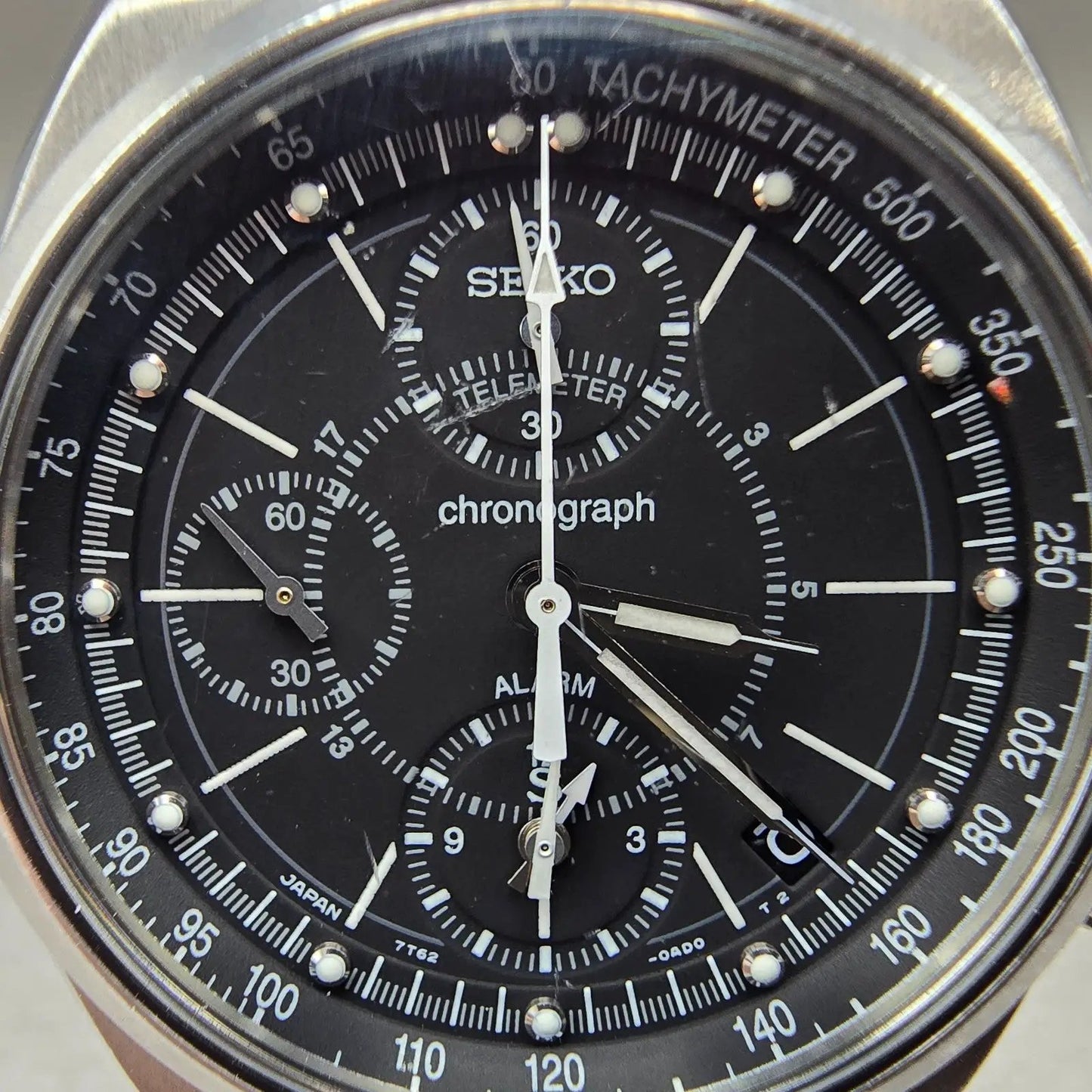 Seiko Chronograph Watch Men 36mm Black Dial Silver Tone Date 7T62-0AA0 PARTS VTG2