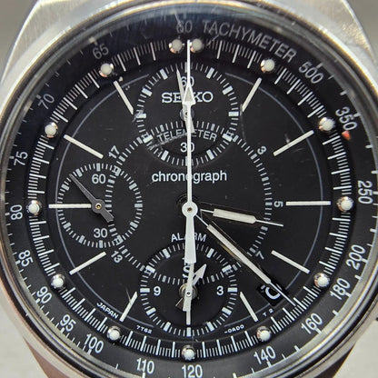 Seiko Chronograph Watch Men 36mm Black Dial Silver Tone Date 7T62-0AA0 PARTS VTG2