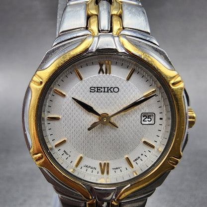 Seiko Watch Women 26mm White Dial Two Tone Date Round 7n820at0 New Battery1
