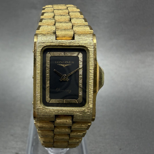 Longines Tank Watch Women 17mm Black Dial Gold Tone Rectangle New Battery0