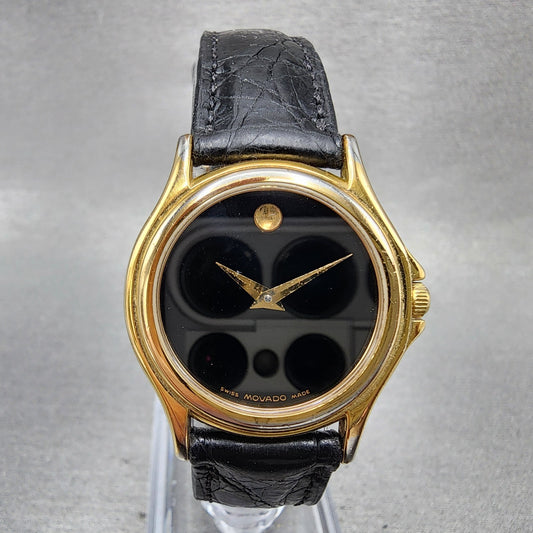 Movado Museum Watch Women 28mm Black Dial Gold Tone Round 87 E4 0823 New BattABC0