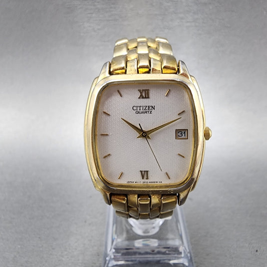 Citizen Tank Watch Men 31mm Silver Dial Gold Tone Date Rectangle New Battery0