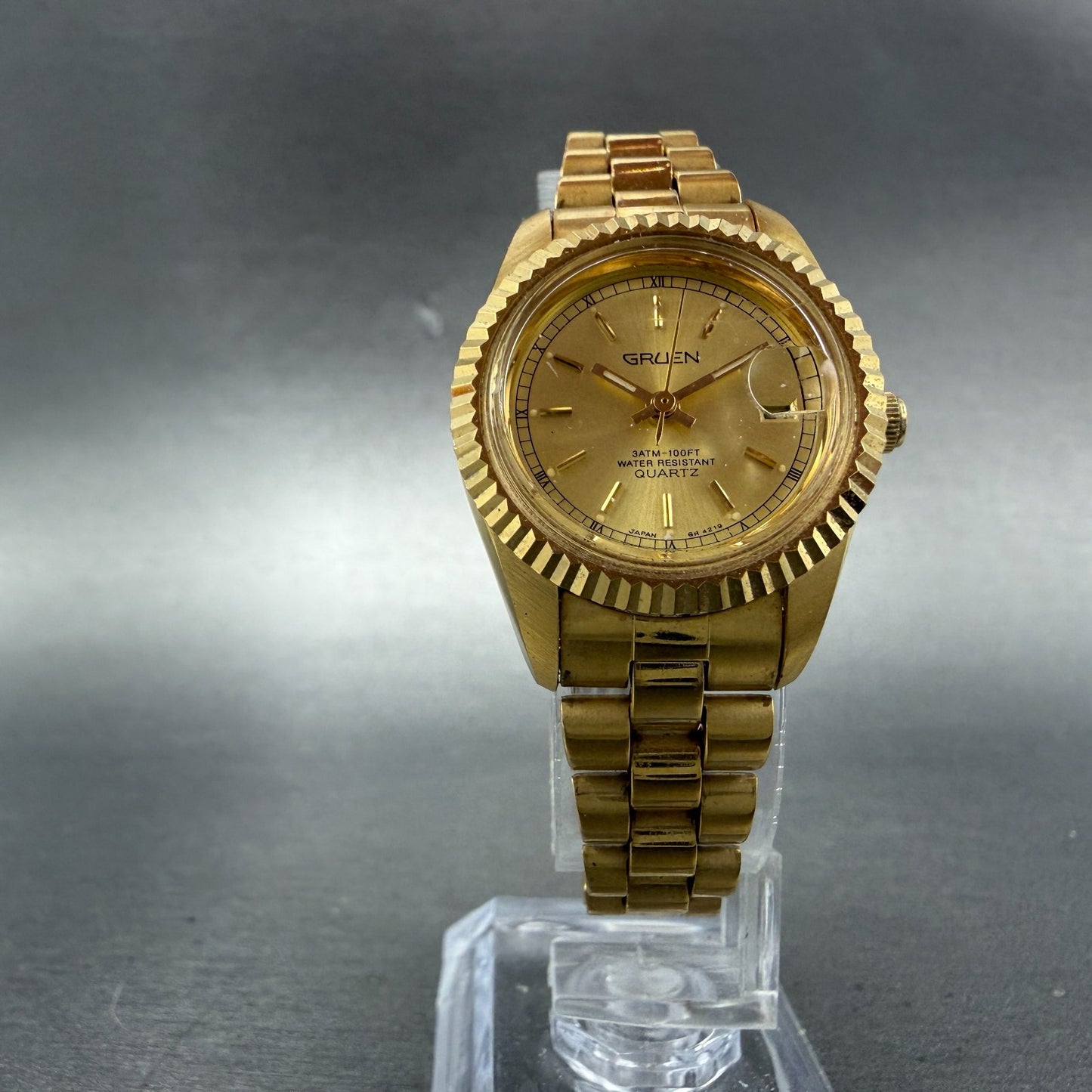 Gruen President Watch Women 26mm Gold Dial Gold Tone Date Round New Battery5