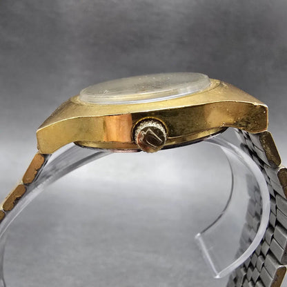 Bulova Automatic Watch Men 35mm Silver Dial Gold Tone Daydate Round N7 PARTS VTG5