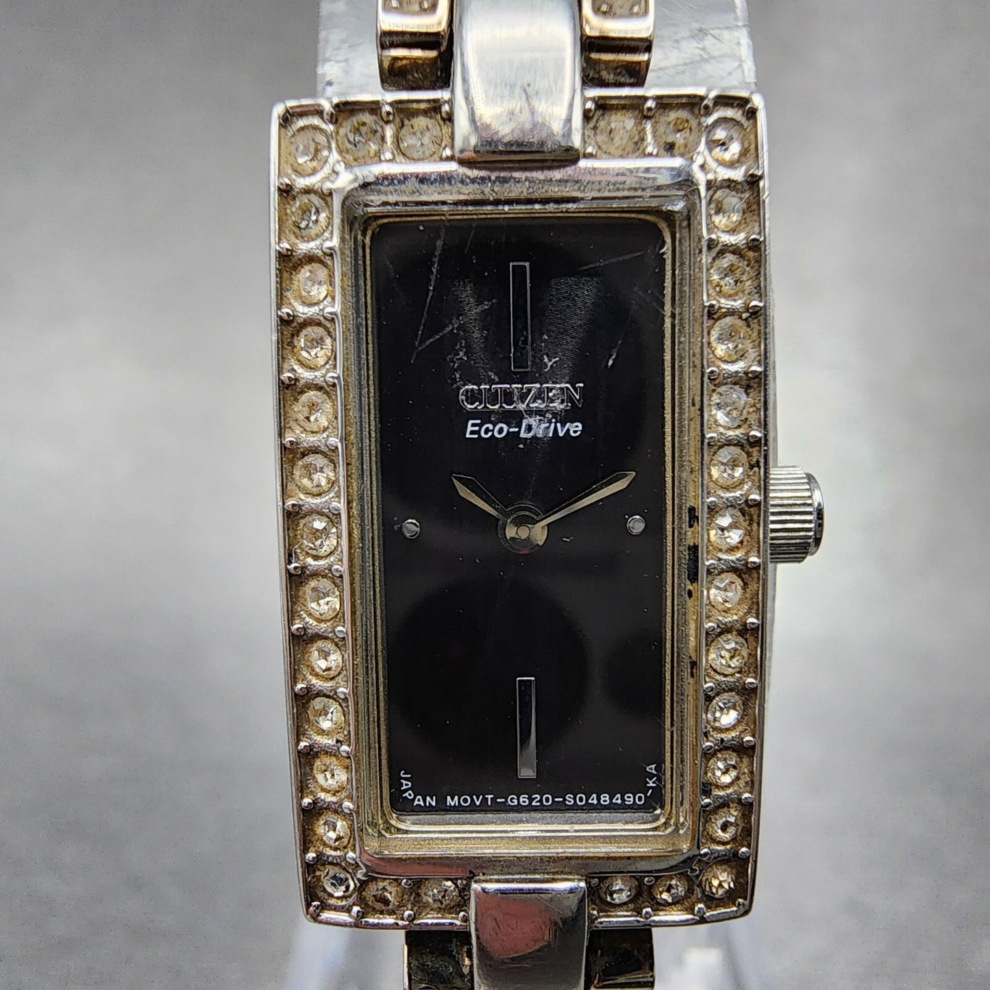 Citizen Eco-Drive Tank Watch Women 14mm Black Dial Steel Rectangle Crystals Runs