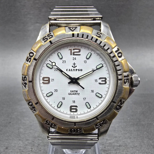 Calypso Dive Watch Men 37mm White Dial Silver Tone Round Stretch Band New Batt0