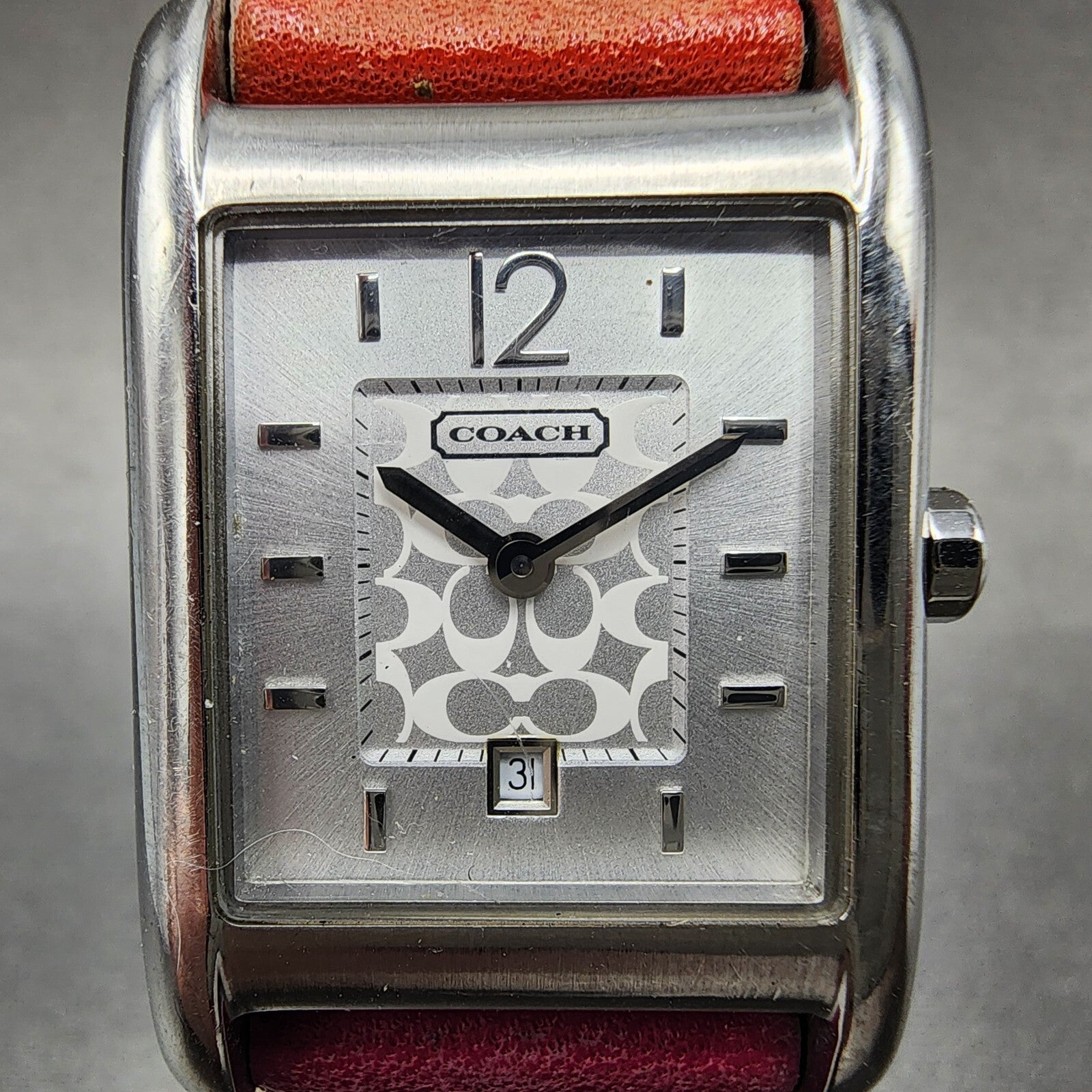 Coach Tank Watch Women 25mm Silver Dial Steel Date Rectangle Leather New Battery1
