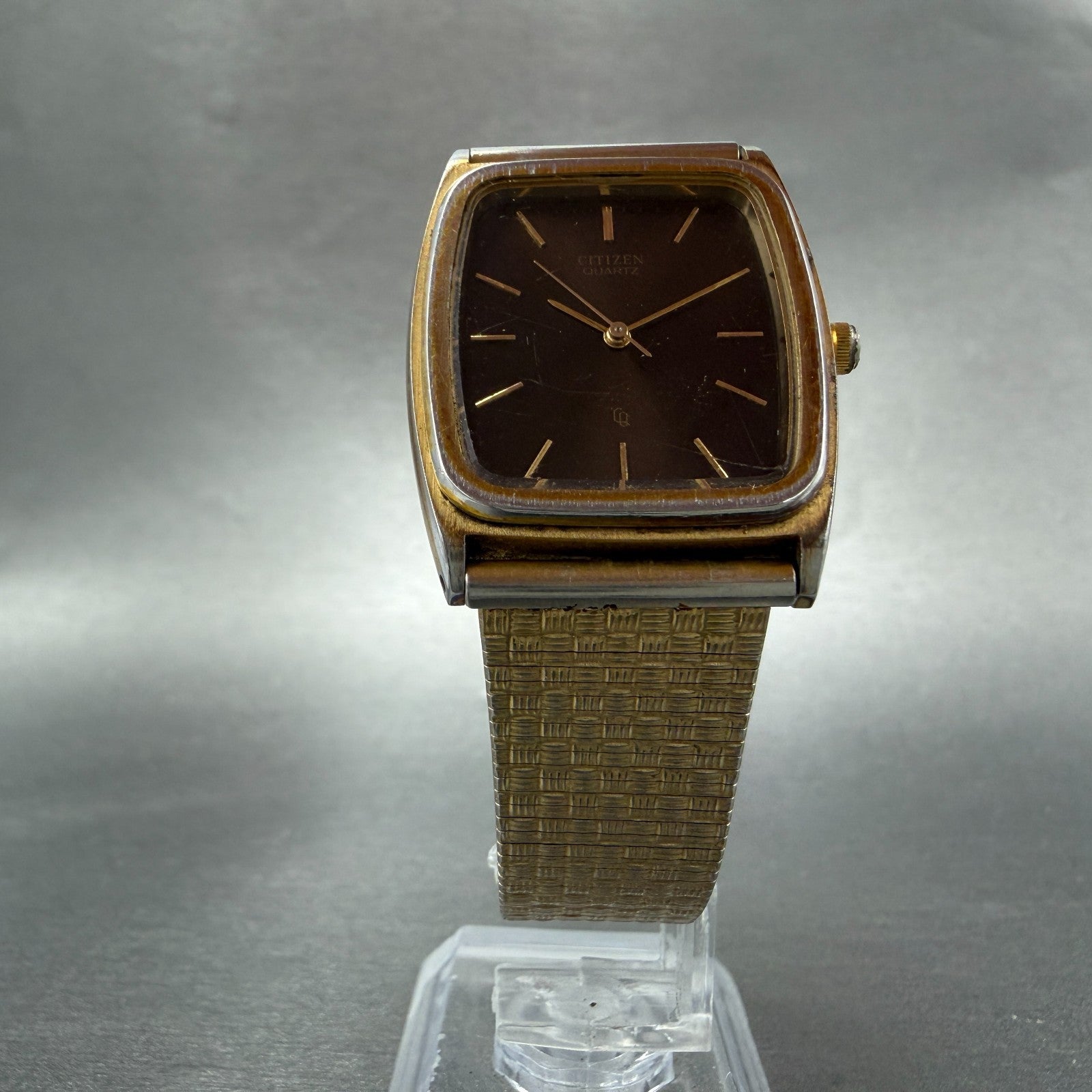 Citizen CQ Tank Watch Men 28mm Brown Dial Gold Tone Rectangle 4-213734 Newbat5