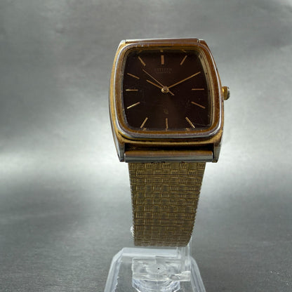 Citizen CQ Tank Watch Men 28mm Brown Dial Gold Tone Rectangle 4-213734 Newbat5