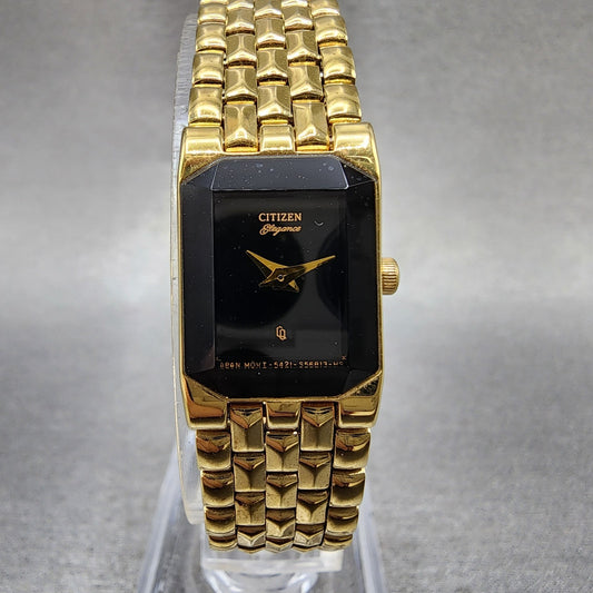 Citizen Elegance CQ Tank Watch Women 14mm Black Dial Gold Tone New Battery0