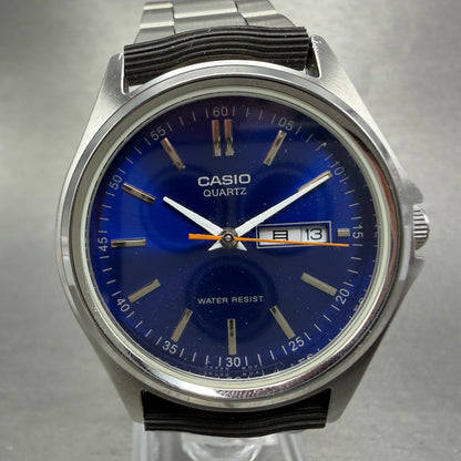 Casio Watch Men 37mm Blue Dial Silver Tone Daydate Round MTP-1239DJ New Battery0