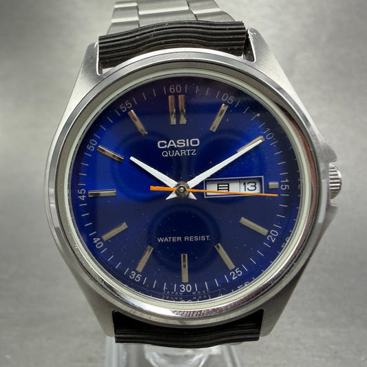 Casio Watch Men 37mm Blue Dial Silver Tone Daydate Round MTP-1239DJ New Battery0