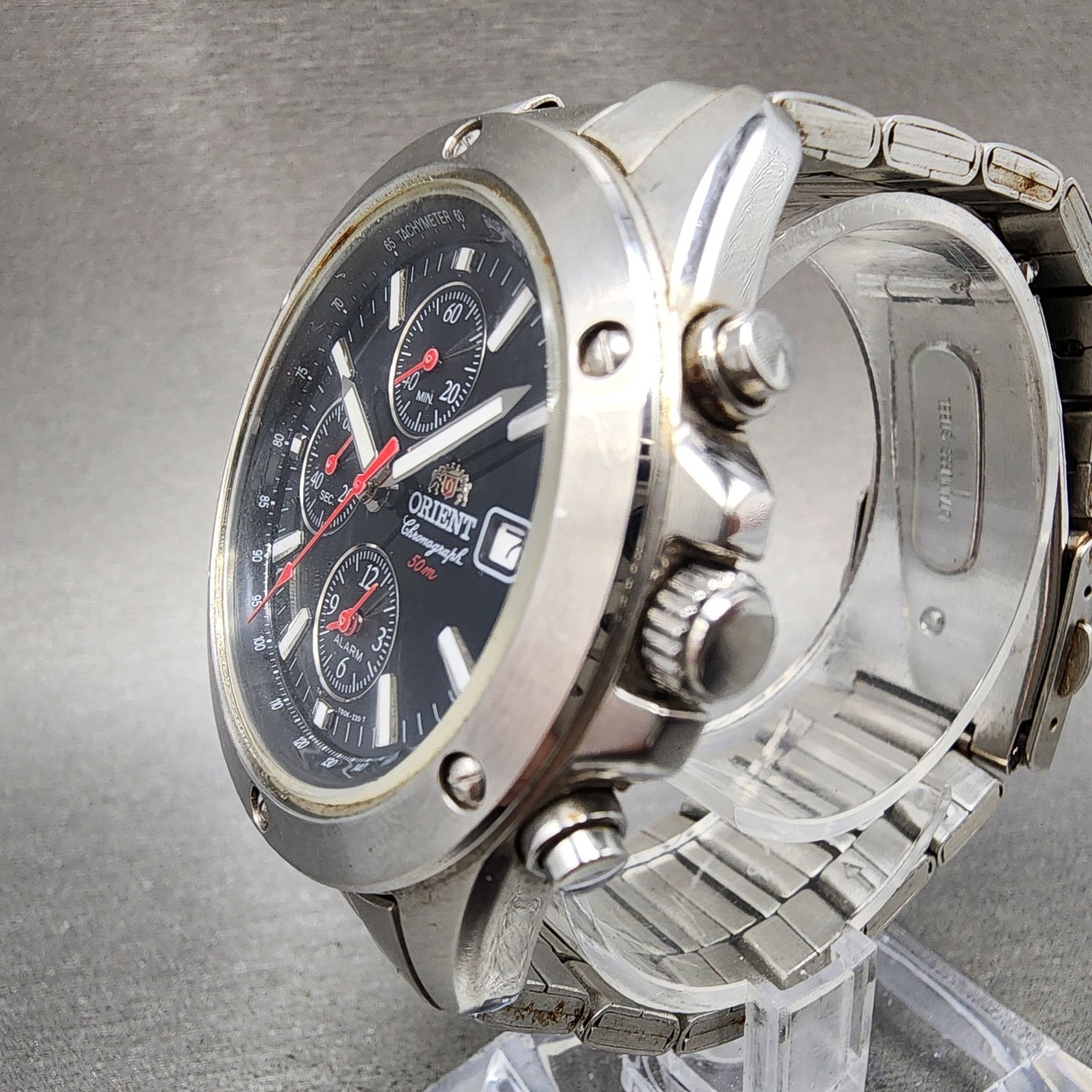 Orient Chronograph Watch Men 40mm Black Dial Silver Tone Date READ!!!!! New Batt2
