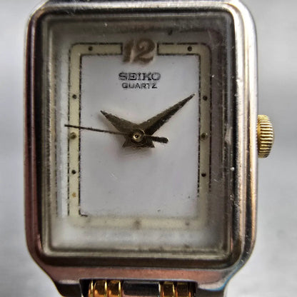 Seiko Watch Women 17mm White Dial Two Tone Rectangle V401-5129 New Battery VTG1