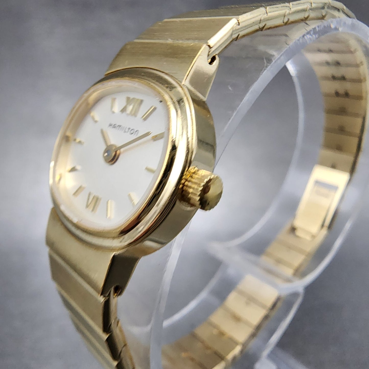 Hamilton Watch Women 19mm Cream Dial Gold Tone Rectangle Oval New Battery2