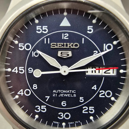 Seiko 5 Automatic Watch Men 37mm Blue Dial Steel Daydate SNK807 Round 7S26-02J01