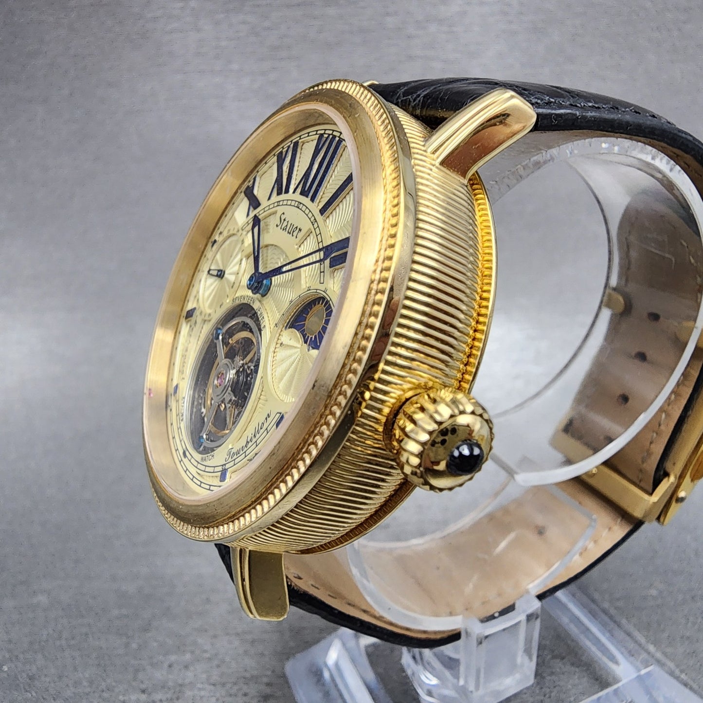 Stauer Tourbillon Watch Men 43mm Cream Dial Gold Tone Moonphase 18758 PARTS3