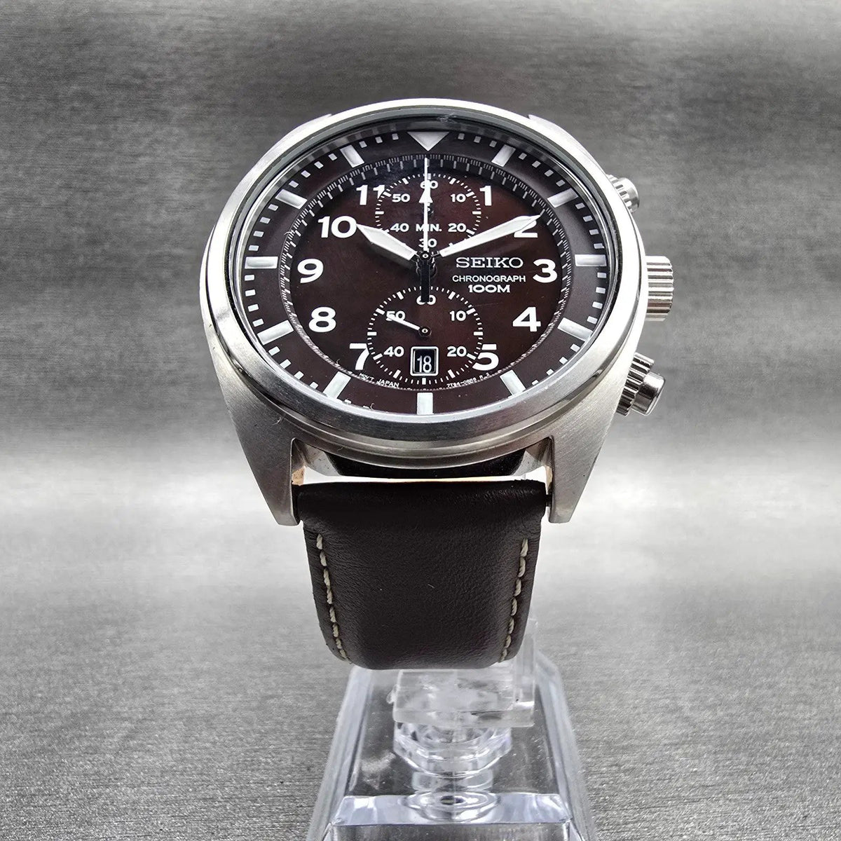 Seiko Chronograph Watch Men 43mm Brown Dial Silver Tone Date 7T94-0BL0 New Batt5