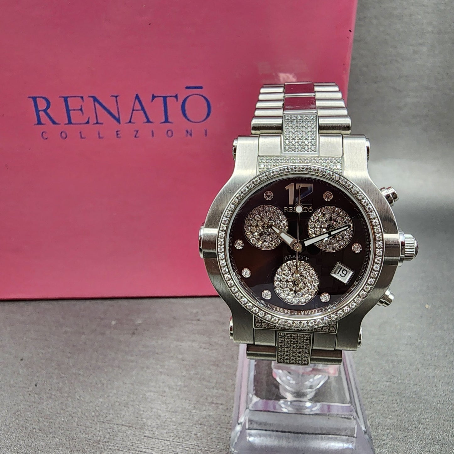 Renato Beauty Chronograph Watch Women 36mm Brown Dial Steel Diamond New Battery0