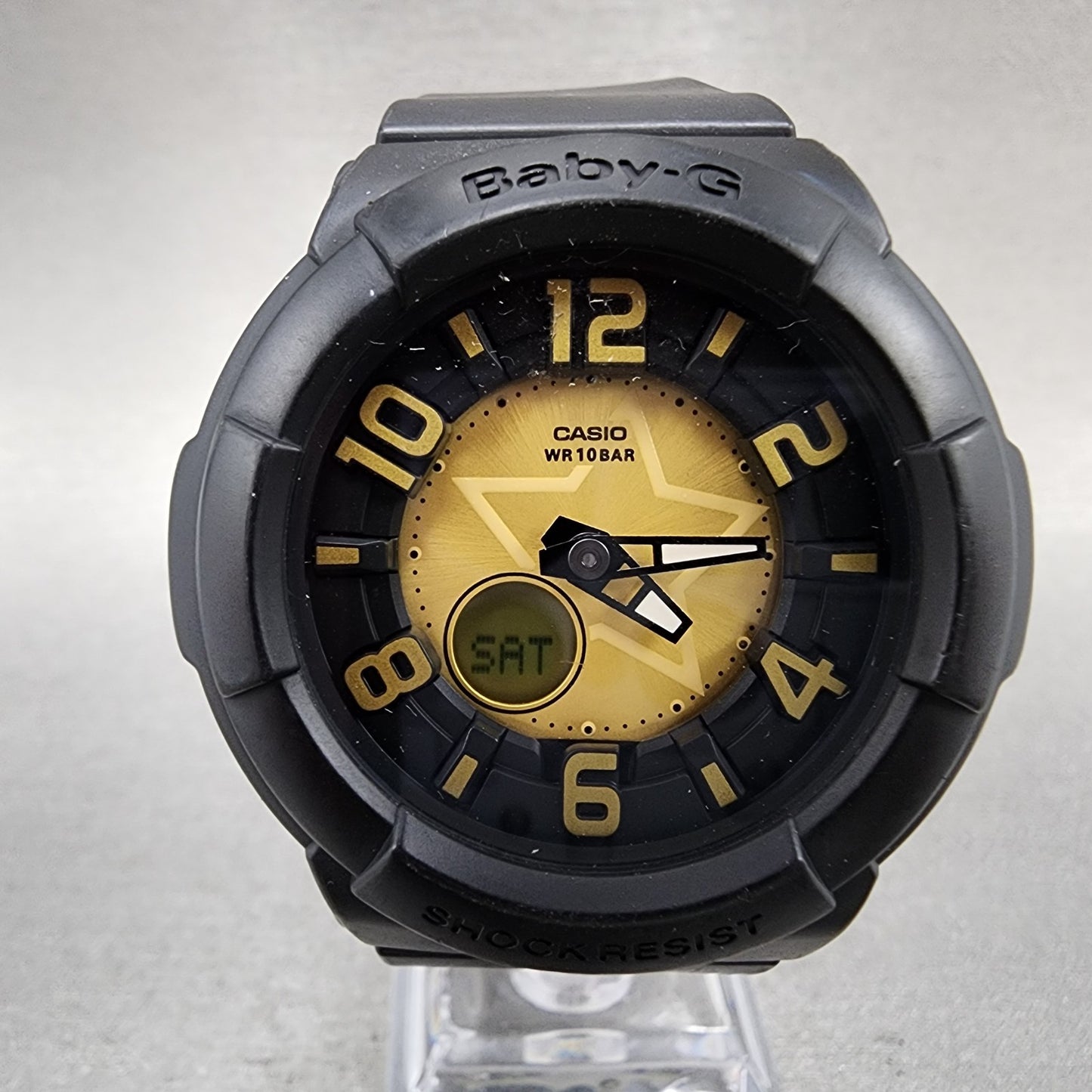 Casio BabyG BGA133 Watch Women 43mm Gold Dial Black Tone Analog Digital NewBat1