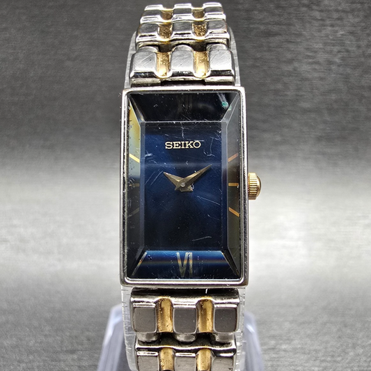 Seiko Tank Watch Women 14mm Blue Dial Silver Tone Rectangle V220-5A00 New Batt0