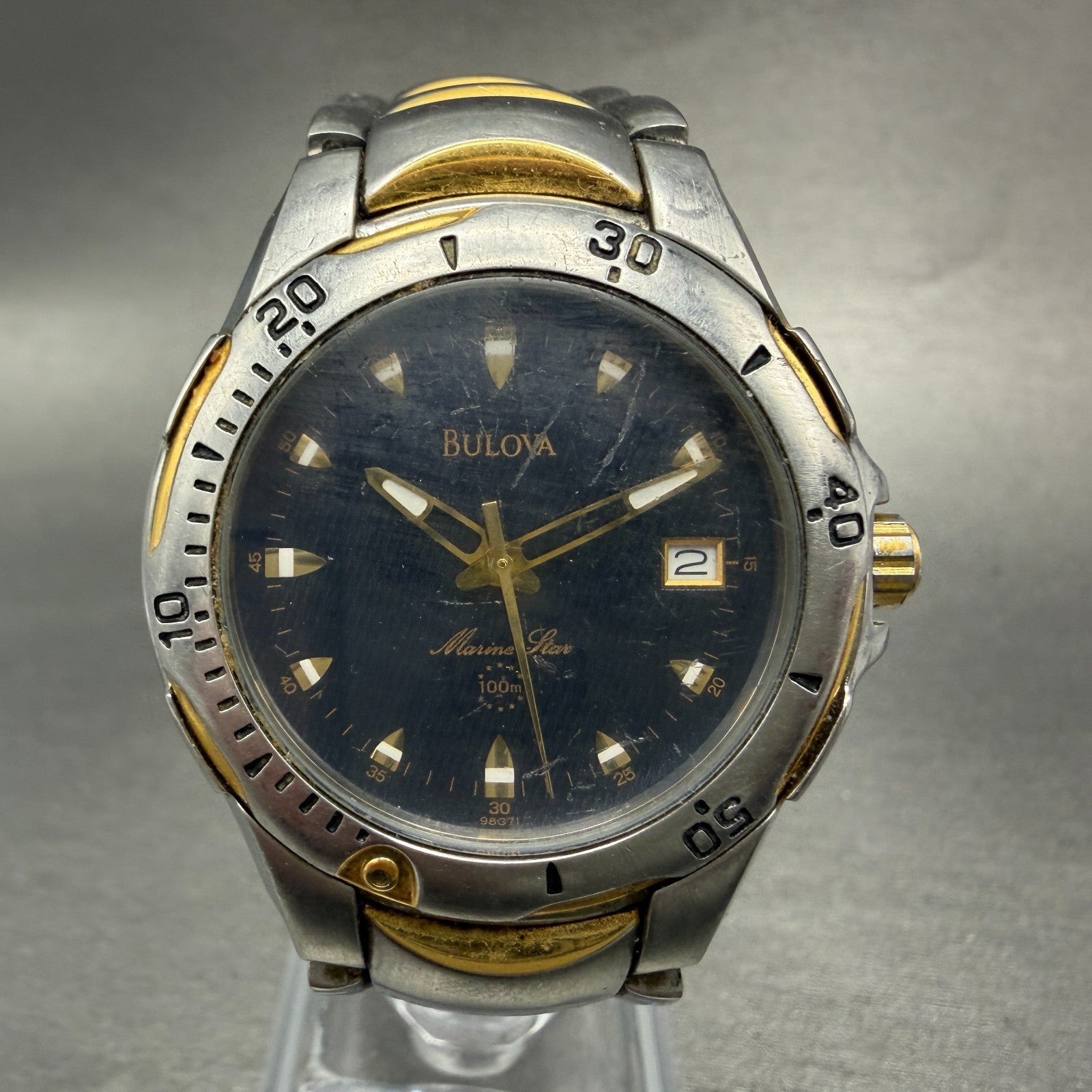 Bulova Marine Star Watch Men 37mm Black Dial Two Tone Date 98G71 New Battery0