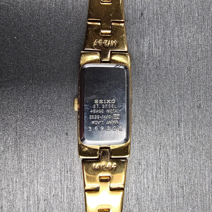 Seiko Tank Watch Women 13mm Gold Dial Gold Rectangle 2E20-7479 New Battery 5645610