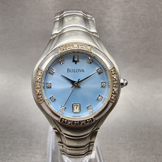 Bulova Watch Women 26mm Blue Dial Steel Diamond Date Round 96R02 New Battery0