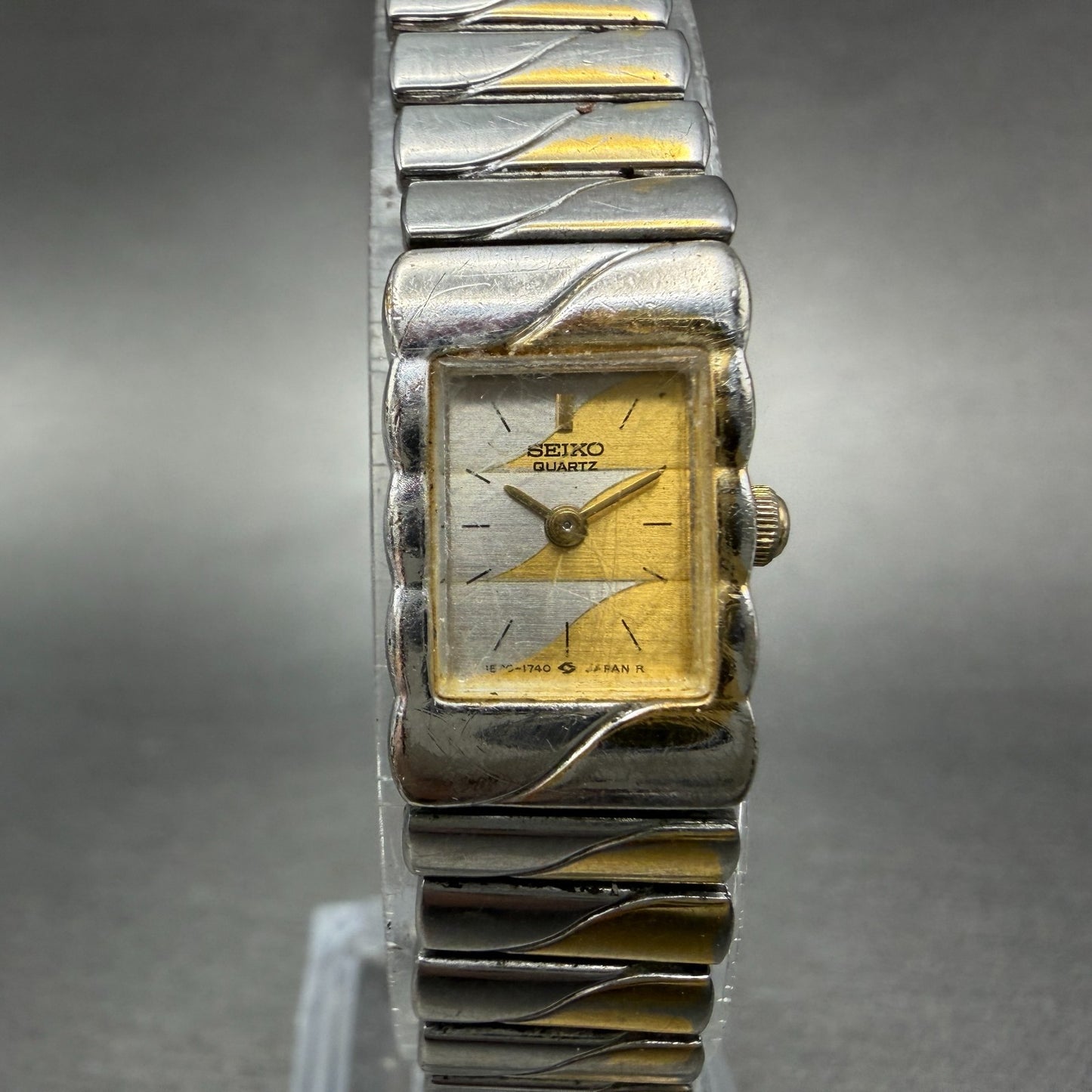 Seiko Tank Watch Women 13mm Silver & Gold Dial Two Tone 1E20-5990 New Battery0