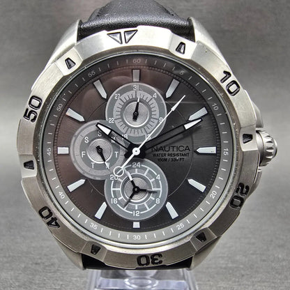 Nautica Dive Watch Men 45mm Gray Dial Silver Daydate Round N14570G New battery0