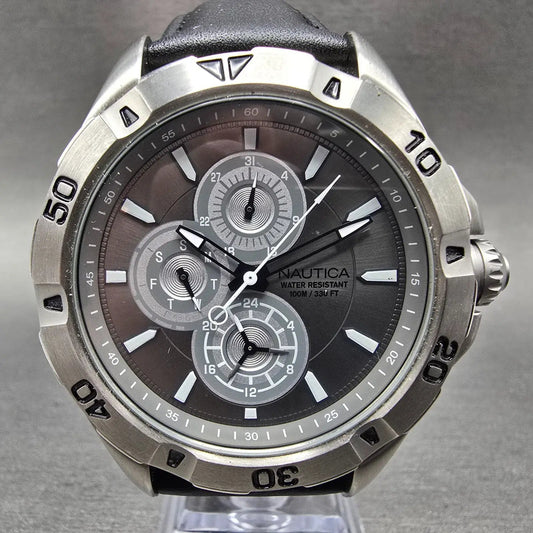 Nautica Dive Watch Men 45mm Gray Dial Silver Daydate Round N14570G New battery0