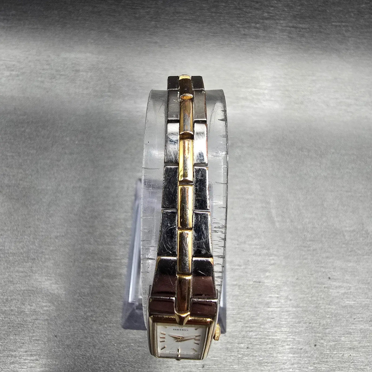Seiko Watch Women 13mm White Dial Two Tone Rectangle 2E20-7479 New Battery JP2174