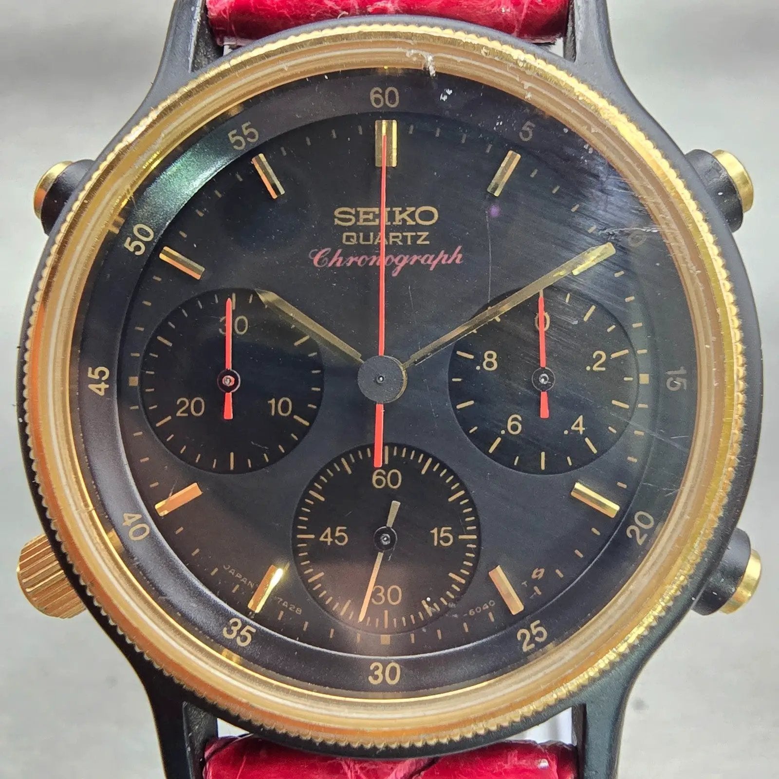 Seiko Chronograph Watch Men 35mm Black Dial Two Tone Round 7A28-6040 New Battery1