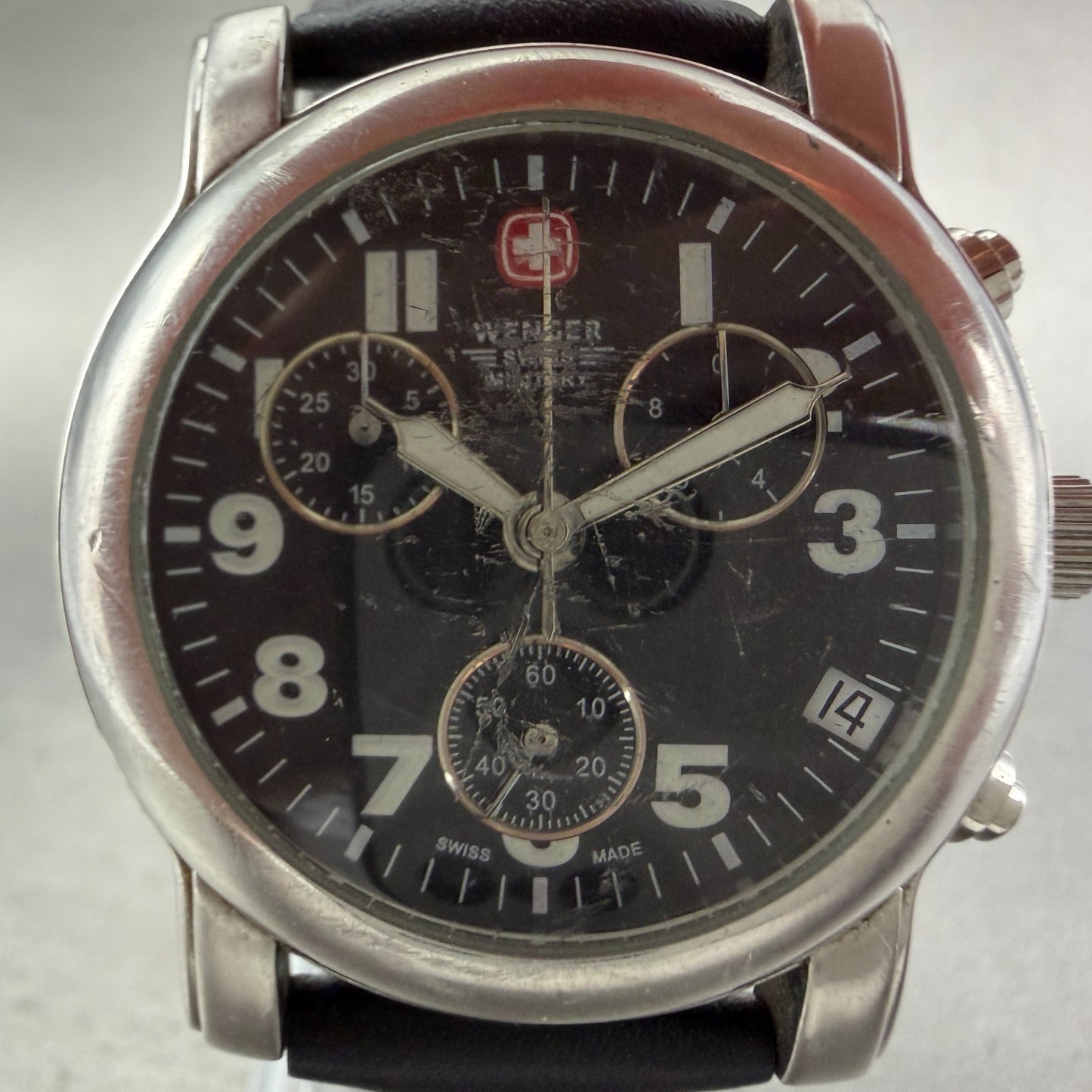 Wenger Swiss Military Chronograph Watch Men 38mm Black Dial Steel New Battery1