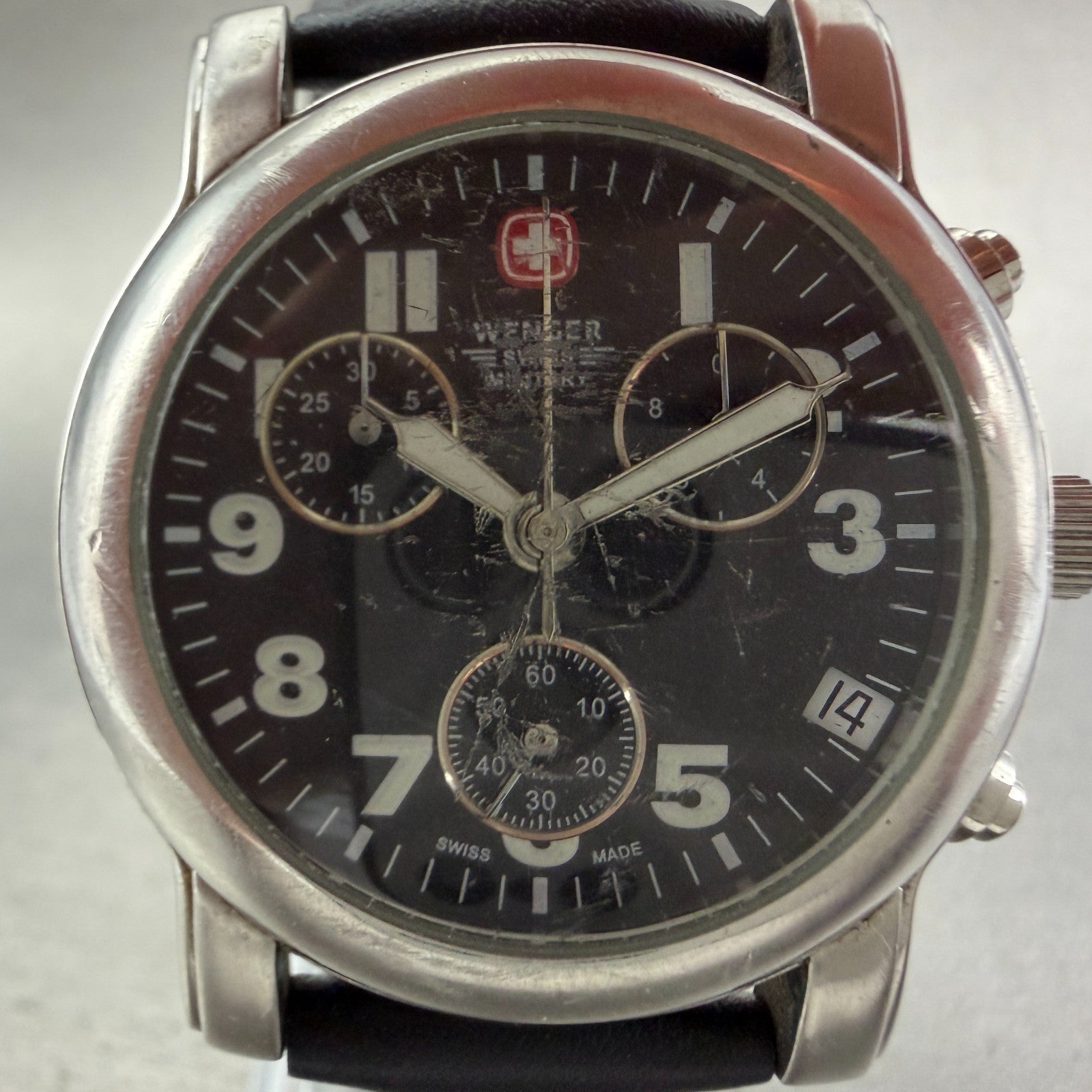 Wenger Swiss Military Chronograph Watch Men 38mm Black Dial Steel New Battery1