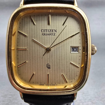 Citizen CQ Watch Men 30mm Champagne Dial Gold Tone Date 4-211600 New Battery VTG1