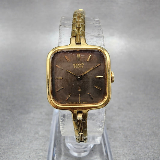 Seiko Watch Women 19mm Brown Dial Gold Tone Square 14005980 New Battery0