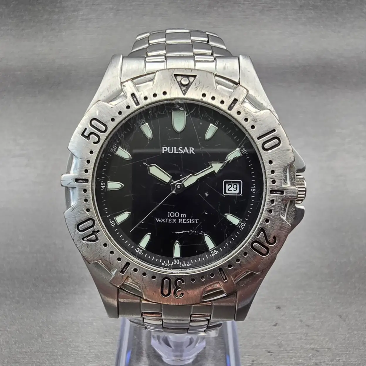 Pulsar Dive Watch Men 40mm Black Dial Silver Tone Date Round V732-X133 New Batt0
