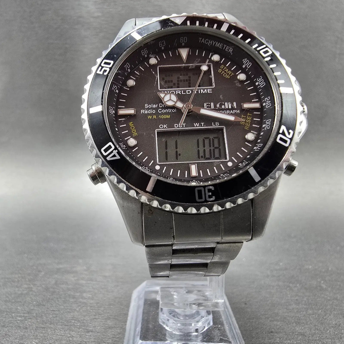 Elgin Dive Watch Men 42mm Black Dial Steel Atomic Solar Analog Digital Runs READ6