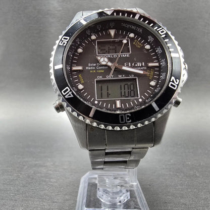 Elgin Dive Watch Men 42mm Black Dial Steel Atomic Solar Analog Digital Runs READ6