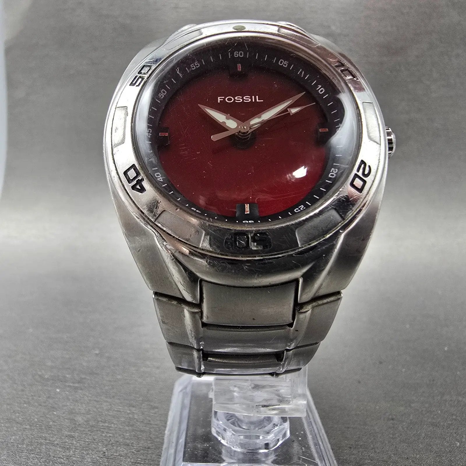 Fossil Big Tic Watch Men 41mm Red Dial Silver Tone Round AM-3758 New Battery5