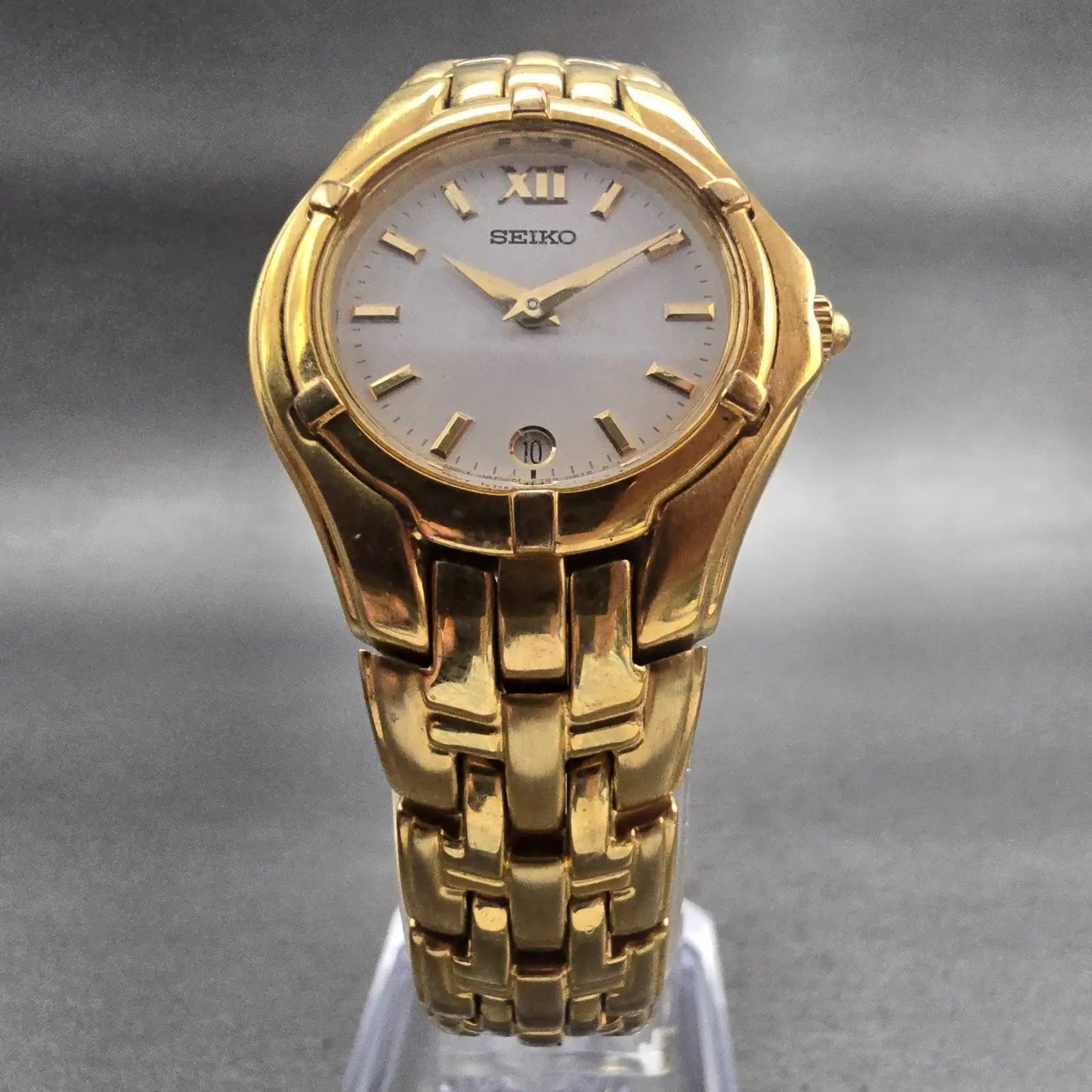Seiko Watch Women 26mm White Dial Gold Tone Date Round V789-0369 New Battery VTG5