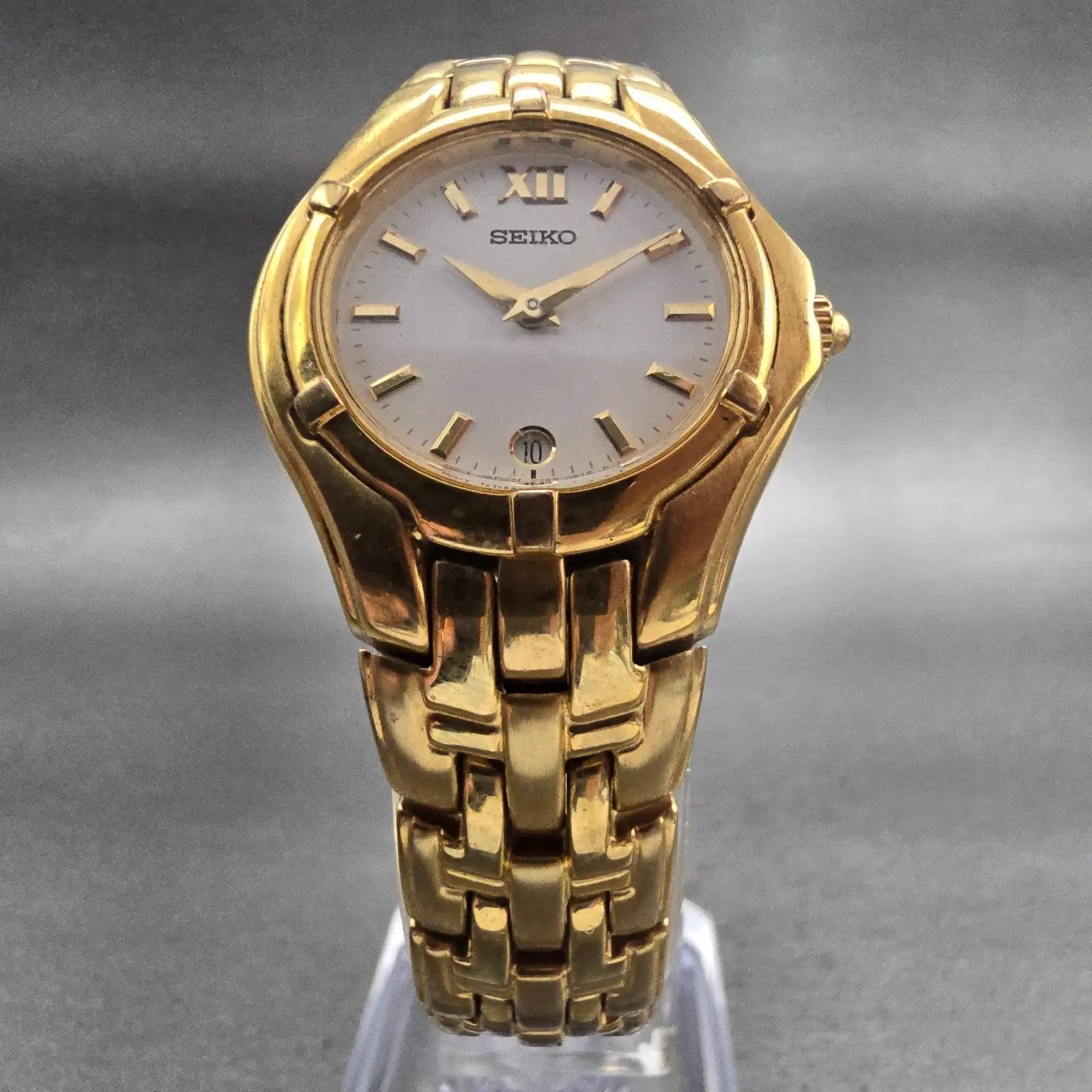 Seiko Watch Women 26mm White Dial Gold Tone Date Round V789-0369 New Battery VTG5