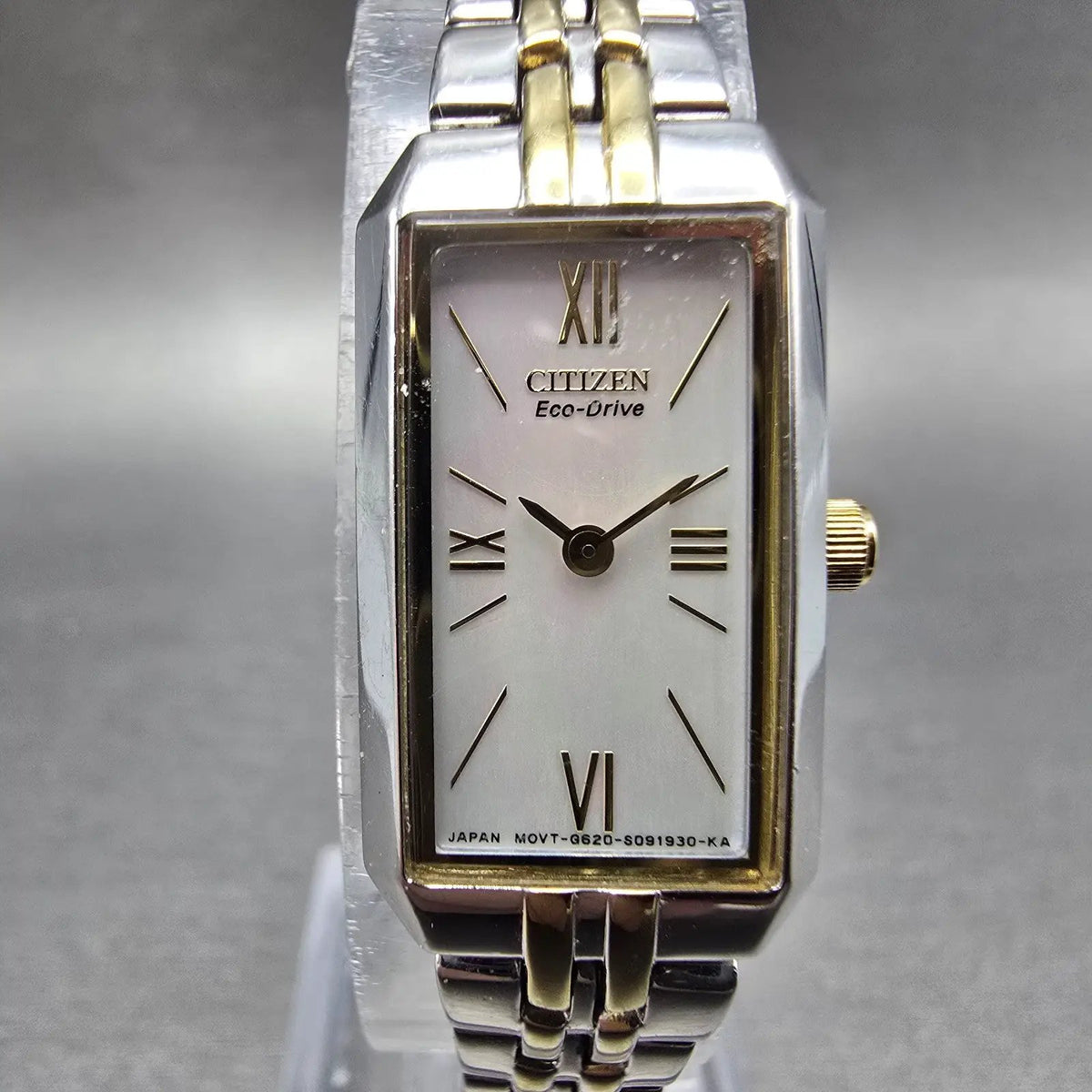 Citizen Eco-Drive Tank Watch Women 14mm MOP Dial Two Tone Rectangle Works JP0