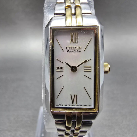 Citizen Eco-Drive Tank Watch Women 14mm MOP Dial Two Tone Rectangle Works JP0